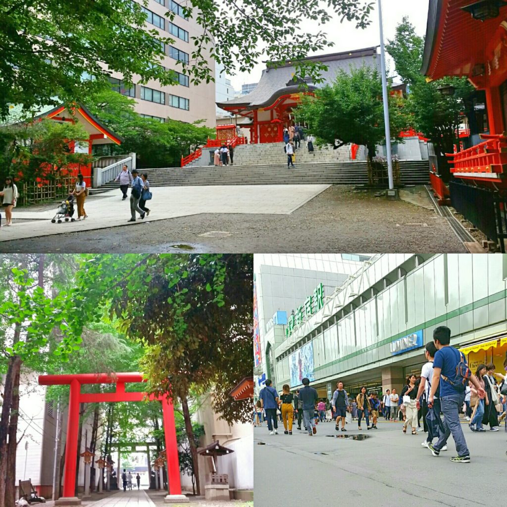 新宿駅東口近くにある「花園神社」と、新宿駅南口前の様子